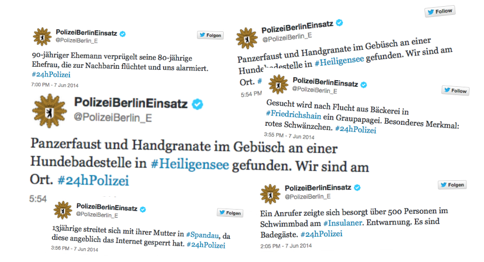 Die Collage zeigt eine Auswahl skurriler Tweets aus der 24hPolizei-Aktion. Quelle: @PolizeiBerlin_E